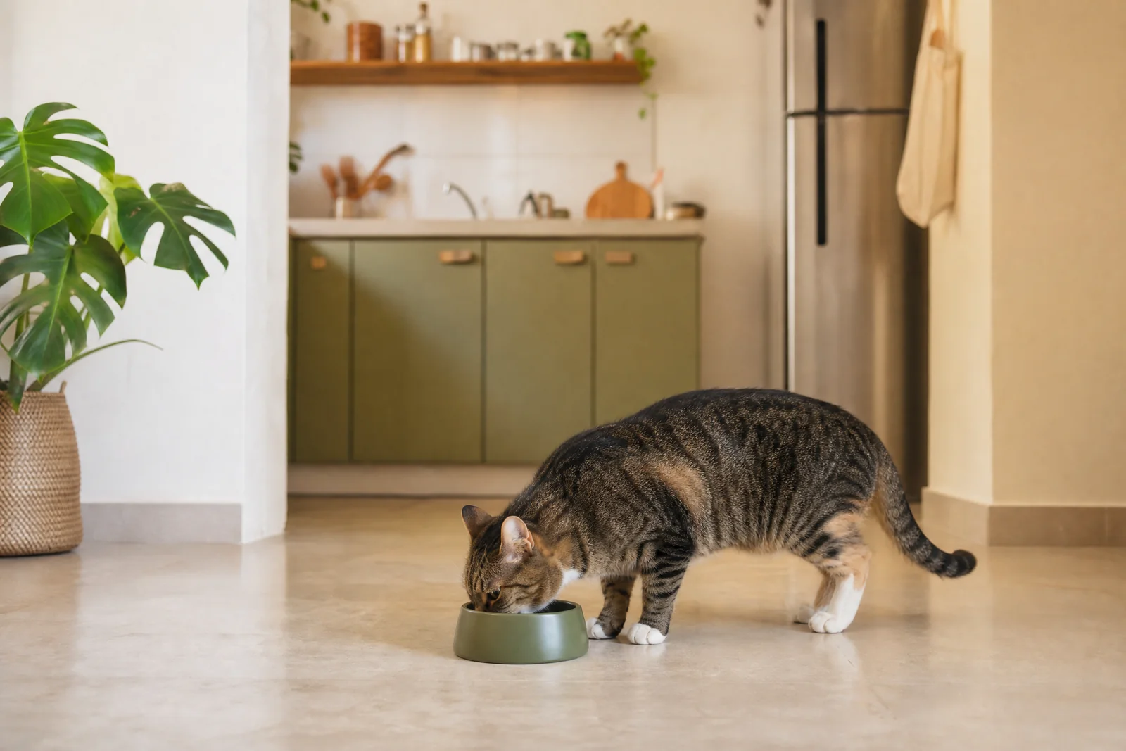 Gato adulto se alimentando em ambiente doméstico tranquilo