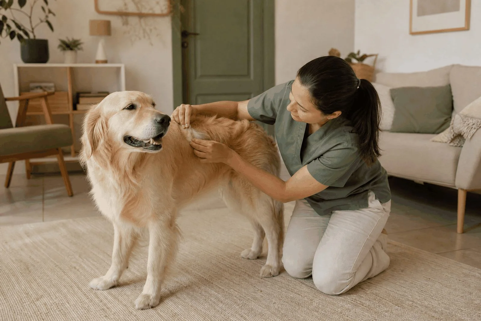 Tutor observando com atenção o pelo do cão durante avaliação em casa