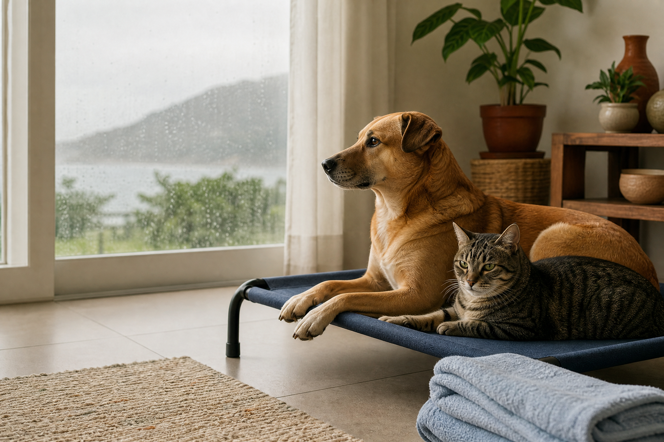 Cão e gato descansando em uma cama elevada durante um dia chuvoso