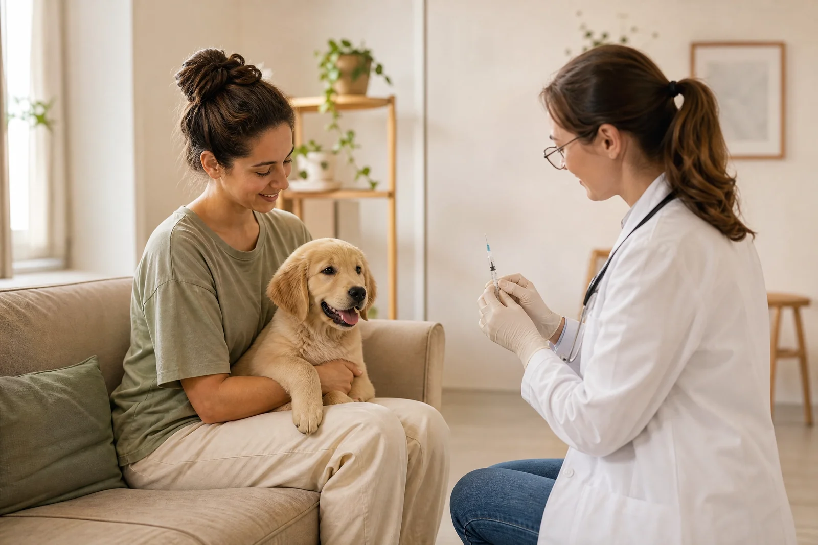 Tutor com filhote de cachorro no colo durante consulta veterinária em casa
