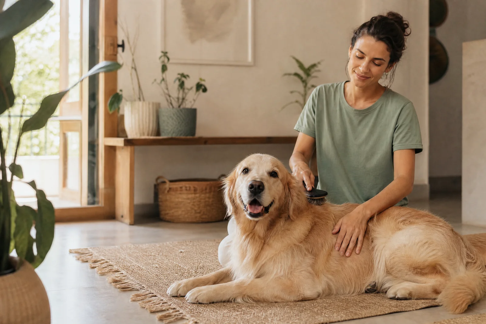 Tutor escovando o pelo do cão em ambiente doméstico durante rotina de prevenção
